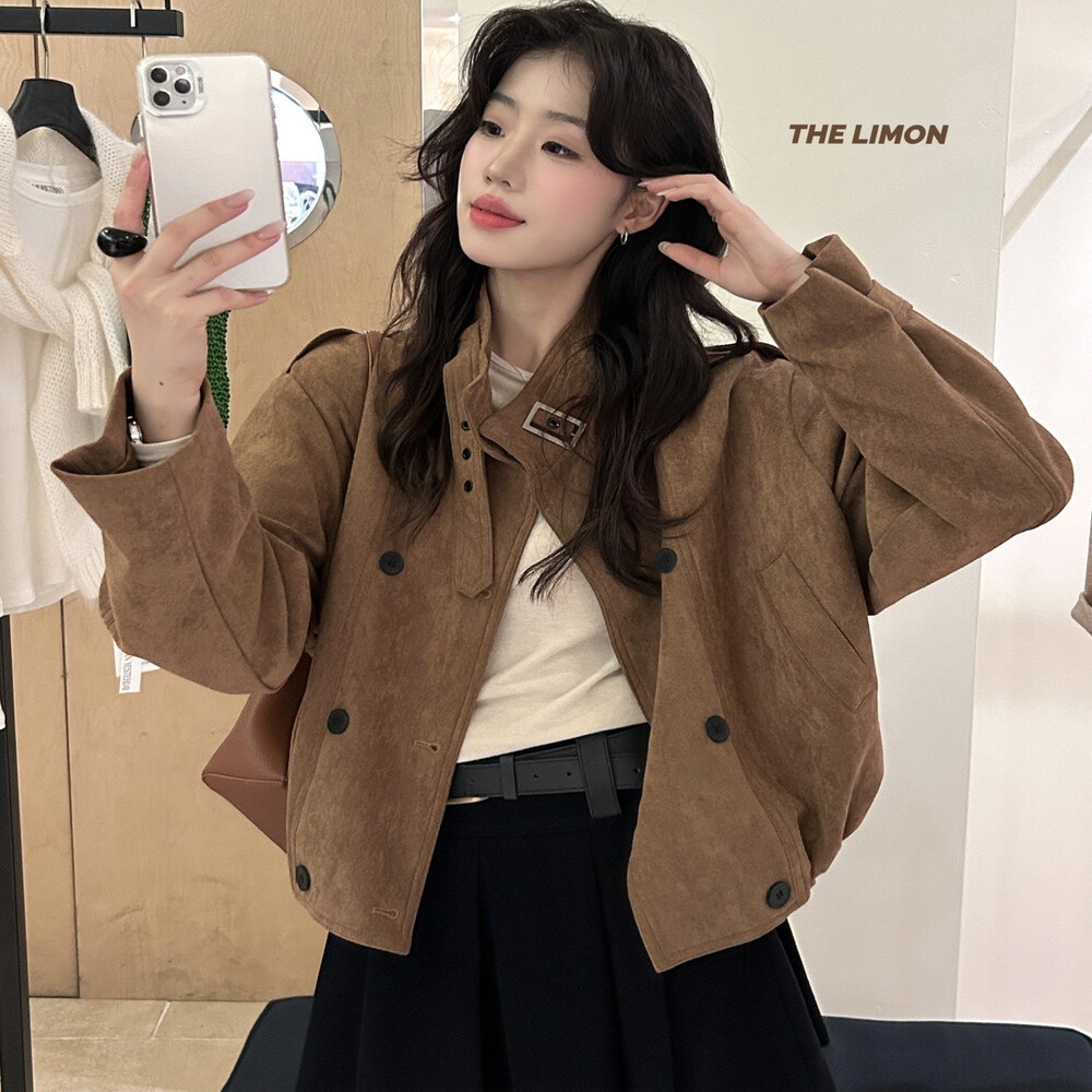 2025 Autumn Women's Clothing The Lemon Green Tea Retro Suede Jacket Coat For Women Stand Collar Short Top_voghion.com