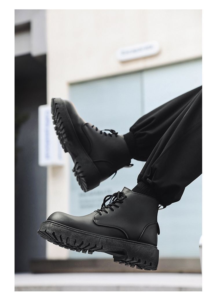 Bottes montantes Derby à gros bout, style britannique et hongkongais, en cuir noir, pour homme, rehaussantes, idéales pour le travail._voghion.com