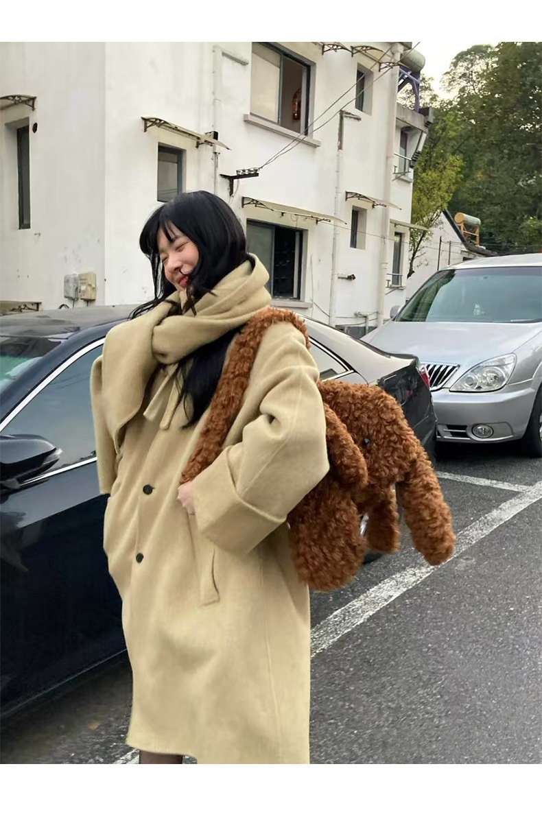 2025 Winter New Korean Style Elegant Stand Slimming Scarf Collar Mid-Length Double-Sided Wool Coat For Women_voghion.com