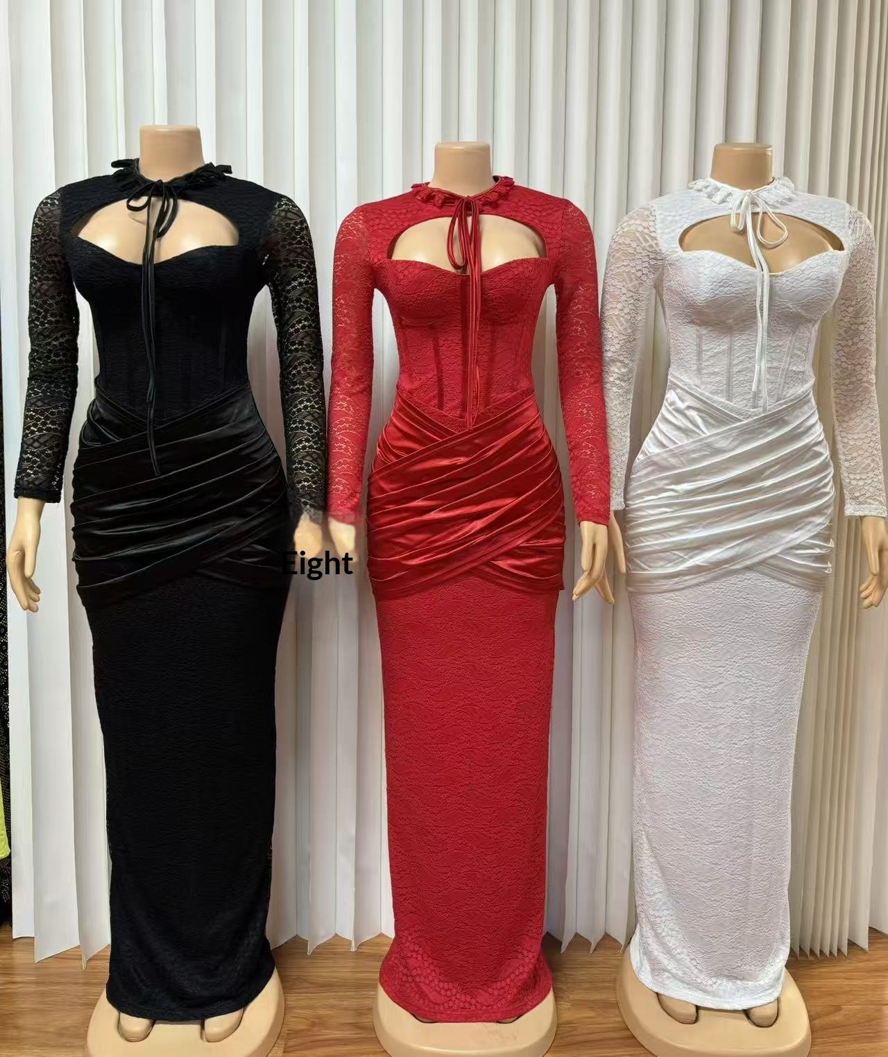 ChicShe ChicShe Cross-Border European And American New Half-High Collar Lace-Up Patchwork Low-Cut Sexy Bodycon Long Sleeve Dress_voghion.com