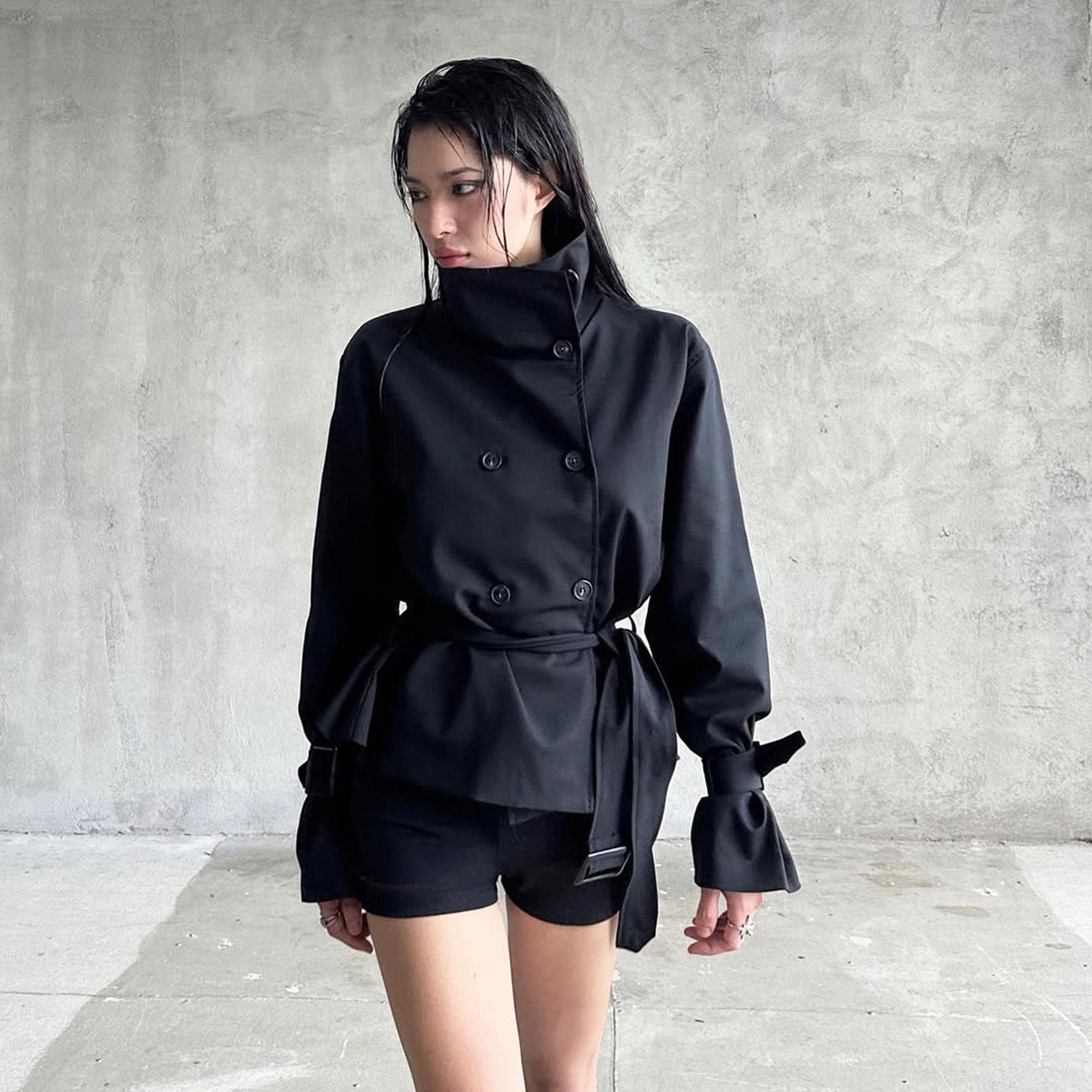 Women's Clothing Women's Street Cool Simple Versatile Tie Waist Slimming Trench Coat Niche Design Button Stand Collar Top For Women_voghion.com