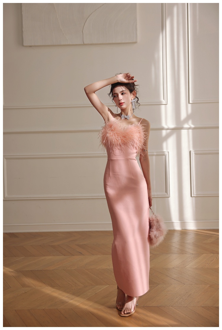 ChicShe ChicShe Soirée 2025 Nouvelle robe bustier rose pêche haut de gamme en plumes d'autruche pour anniversaire petite taille_voghion.com