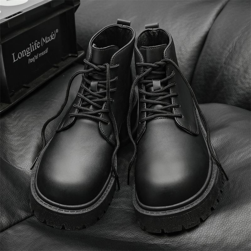 Bottes montantes Derby à gros bout, style britannique et hongkongais, en cuir noir, pour homme, rehaussantes, idéales pour le travail._voghion.com