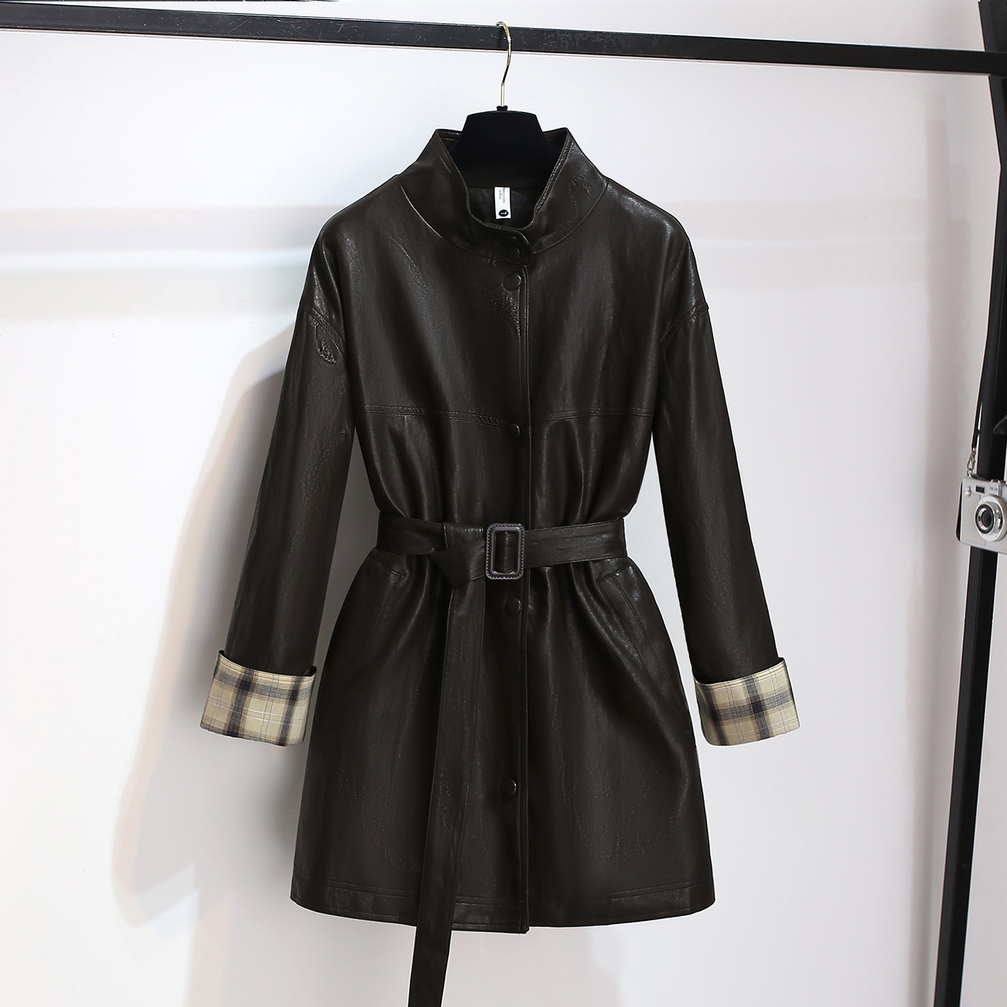 Women's Clothing Women's Clothing Melard Coffee Color Stand Collar PU Leather Trench Coat For Women, Mid-Length, 2025 Early Autumn New, Stylish_voghion.com