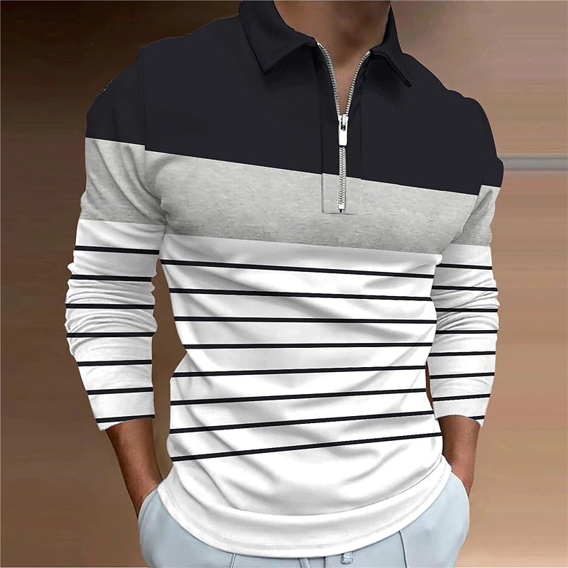 boy Boy Cross-Border New Striped 3-Color Shirt Spring And Autumn Long Sleeve Zipper Turn-Down Collar Casual Plus Size Men's Polo_voghion.com