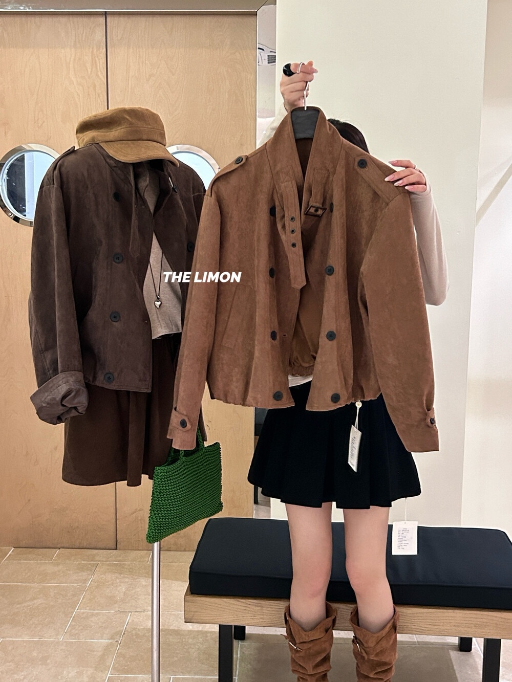 2025 Autumn Women's Clothing The Lemon Green Tea Retro Suede Jacket Coat For Women Stand Collar Short Top_voghion.com