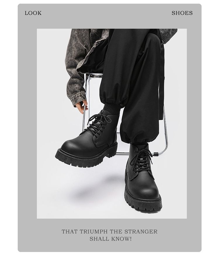 Bottes montantes Derby à gros bout, style britannique et hongkongais, en cuir noir, pour homme, rehaussantes, idéales pour le travail._voghion.com