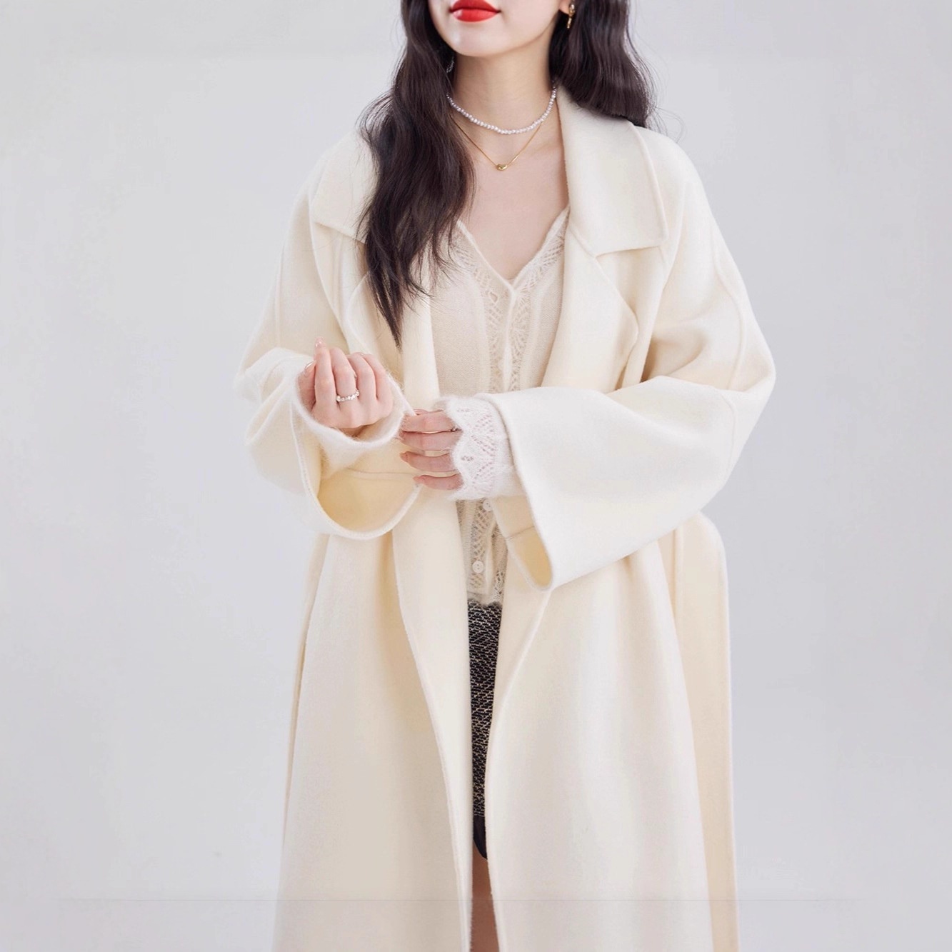 Women's Clothing Double-Sided For Women, Autumn And Winter 2025, Petite Cashmere Long Red Lace-Up 100% Wool Coat_voghion.com