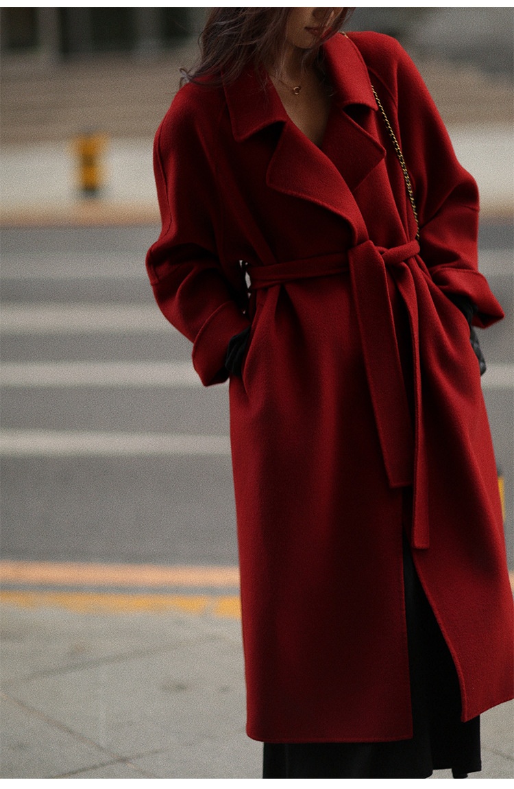 Women's Clothing Double-Sided For Women, Autumn And Winter 2025, Petite Cashmere Long Red Lace-Up 100% Wool Coat_voghion.com