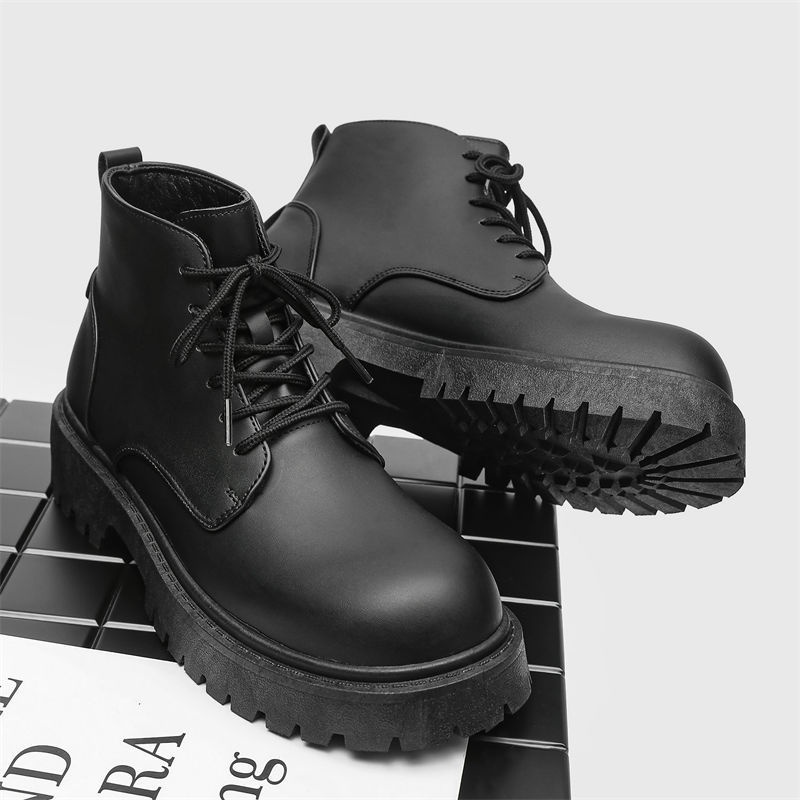 Bottes montantes Derby à gros bout, style britannique et hongkongais, en cuir noir, pour homme, rehaussantes, idéales pour le travail._voghion.com