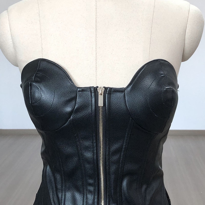 ChicShe ChicShe Haut tube noir moulant en cuir PU pour femme, style européen et américain, robe de soirée élégante et fuselée, best-seller_voghion.com