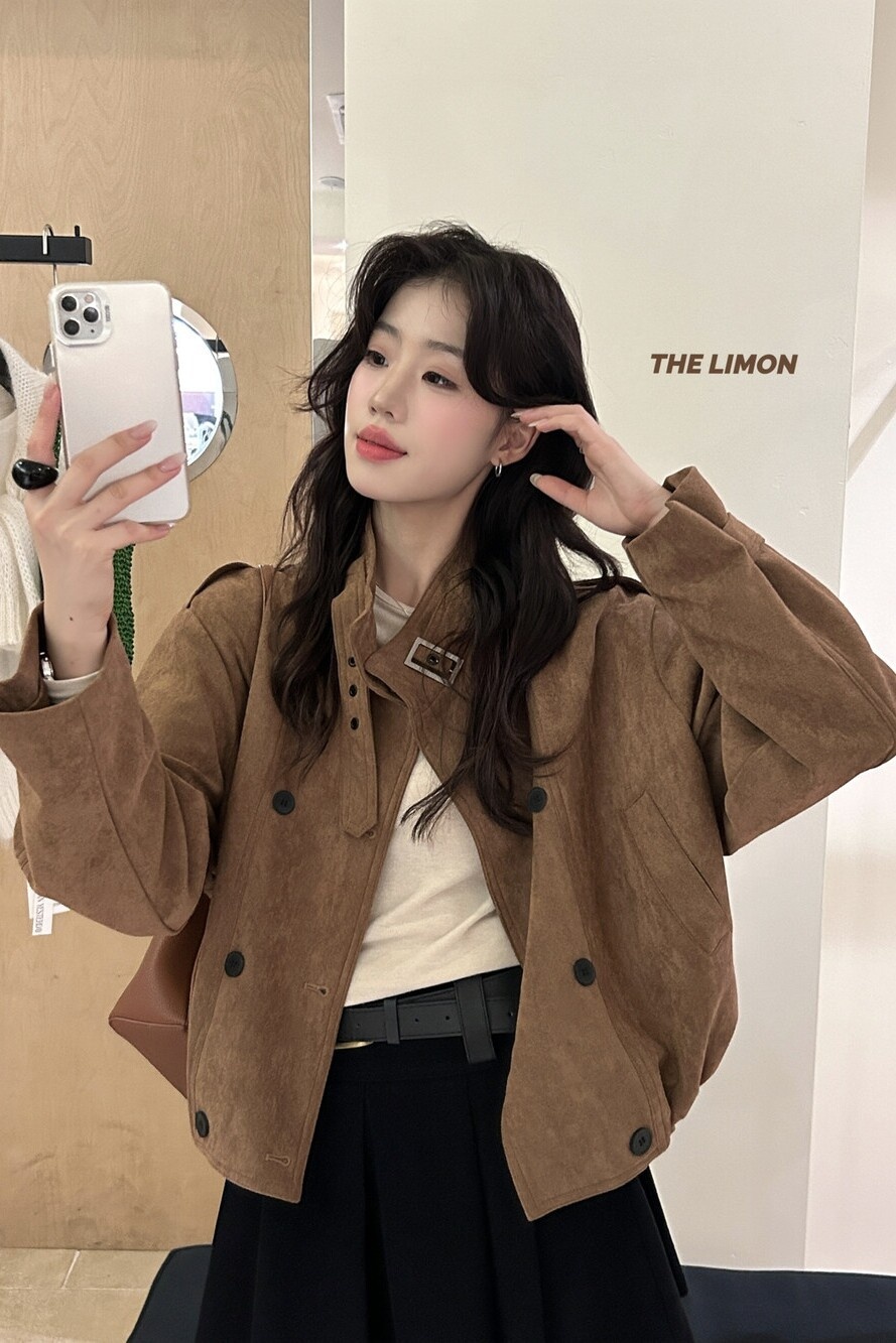 2025 Autumn Women's Clothing The Lemon Green Tea Retro Suede Jacket Coat For Women Stand Collar Short Top_voghion.com