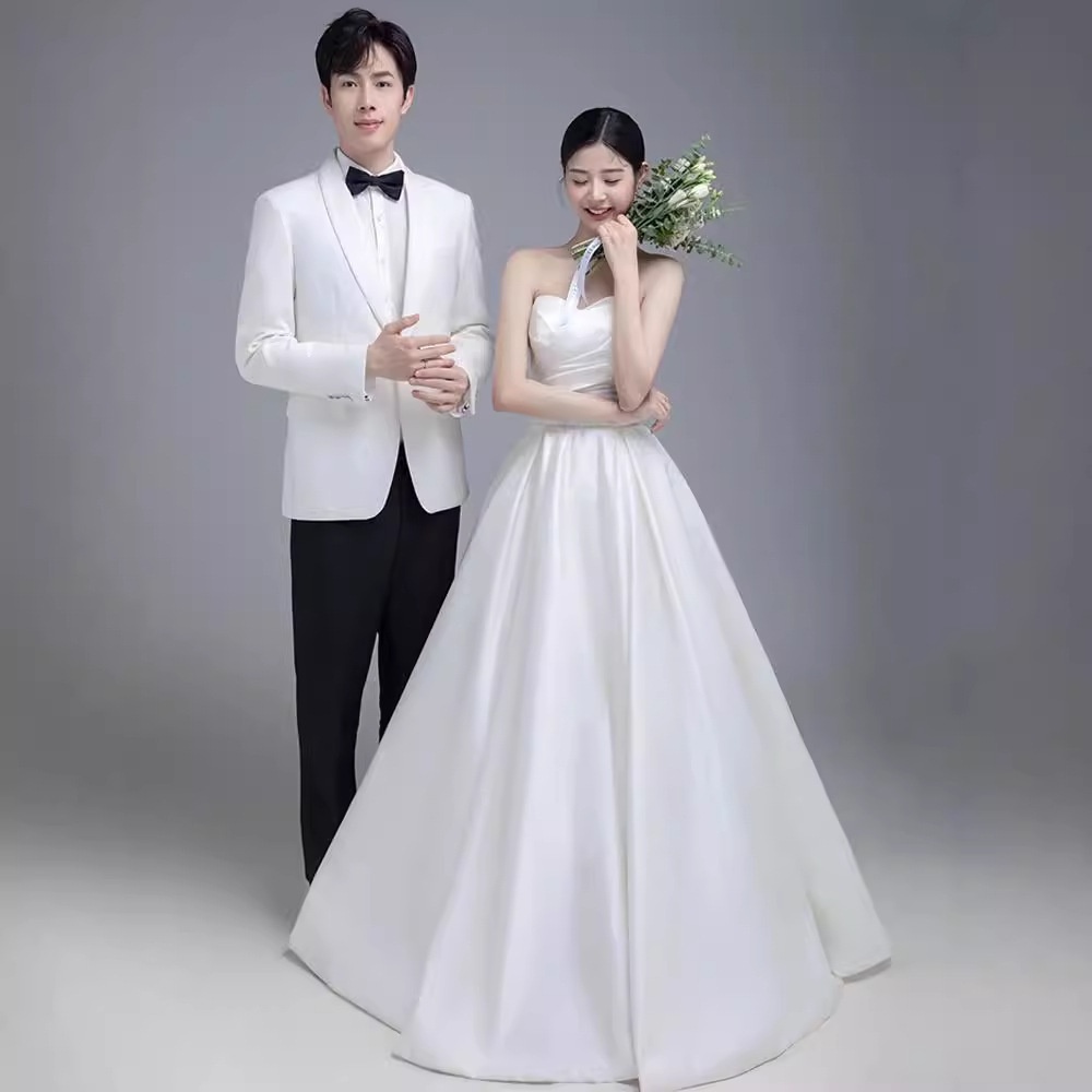 ChicShe ChicShe Franse stijl satijnen trouwjurk, klein, high-end gevoel, petite strapless bruidsjurk, lichte receptiejurk_voghion.com