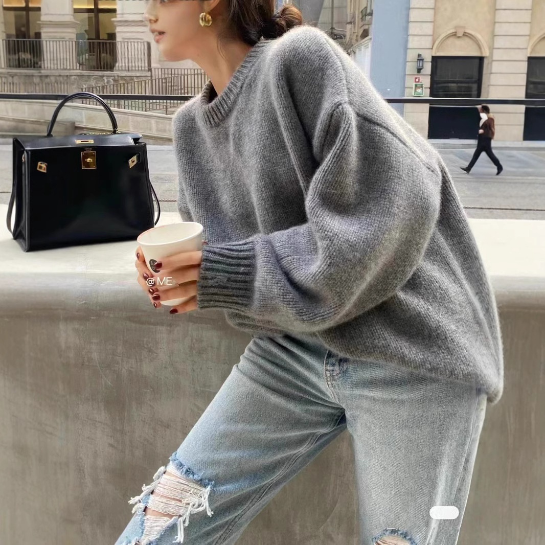 girl Autumn Winter New Cashmere For Women Gray Round Neck Pullover Knitted Lazy Wool Loose Fit Thickened Plus Size Sweater_voghion.com