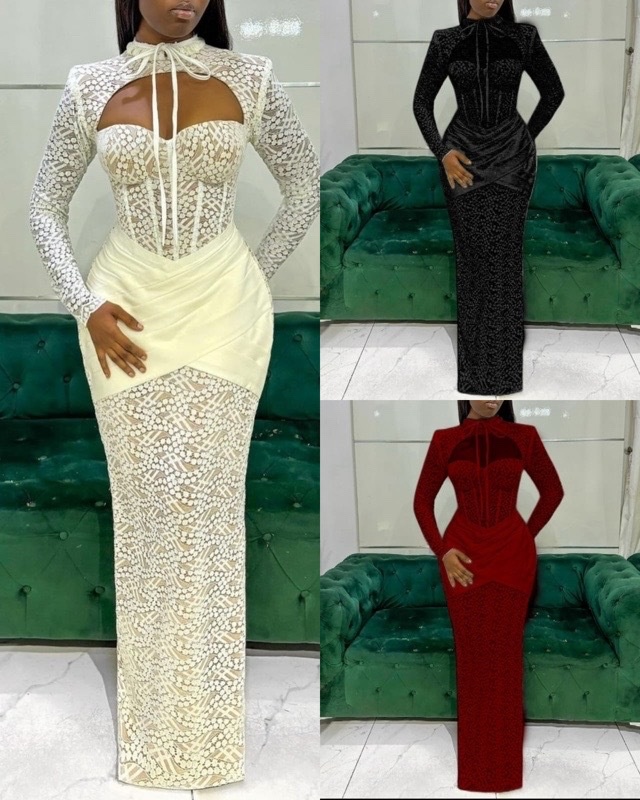 ChicShe ChicShe Cross-Border European And American New Half-High Collar Lace-Up Patchwork Low-Cut Sexy Bodycon Long Sleeve Dress_voghion.com