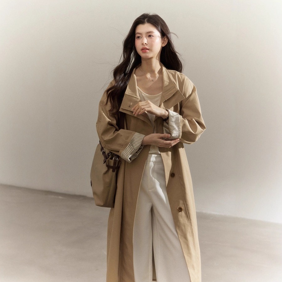 Damenbekleidung: Trenchcoat im Vintage-Stil mit Stehkragen, gestreiften Ärmeln, lockerer Passform, figurformend, hochwertig, lange Jacke_voghion.com