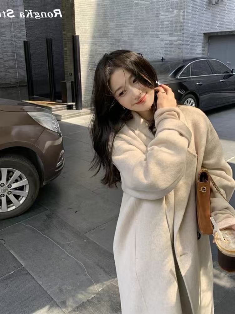 Damenbekleidung Herbst/Winter 2025: Lässiger, dicker, doppelseitiger Wollmantel, lange Damenjacke, weicher Stil, vielseitig_voghion.com