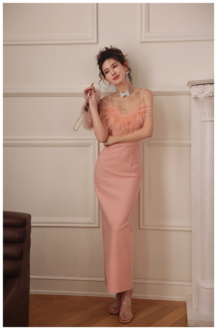 ChicShe ChicShe Soirée 2025 Nouvelle robe bustier rose pêche haut de gamme en plumes d'autruche pour anniversaire petite taille_voghion.com