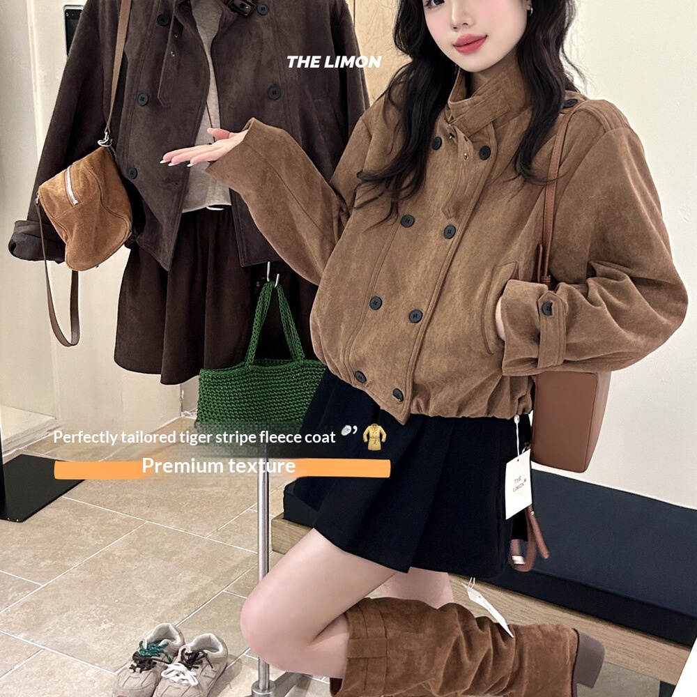 2025 Autumn Women's Clothing The Lemon Green Tea Retro Suede Jacket Coat For Women Stand Collar Short Top_voghion.com