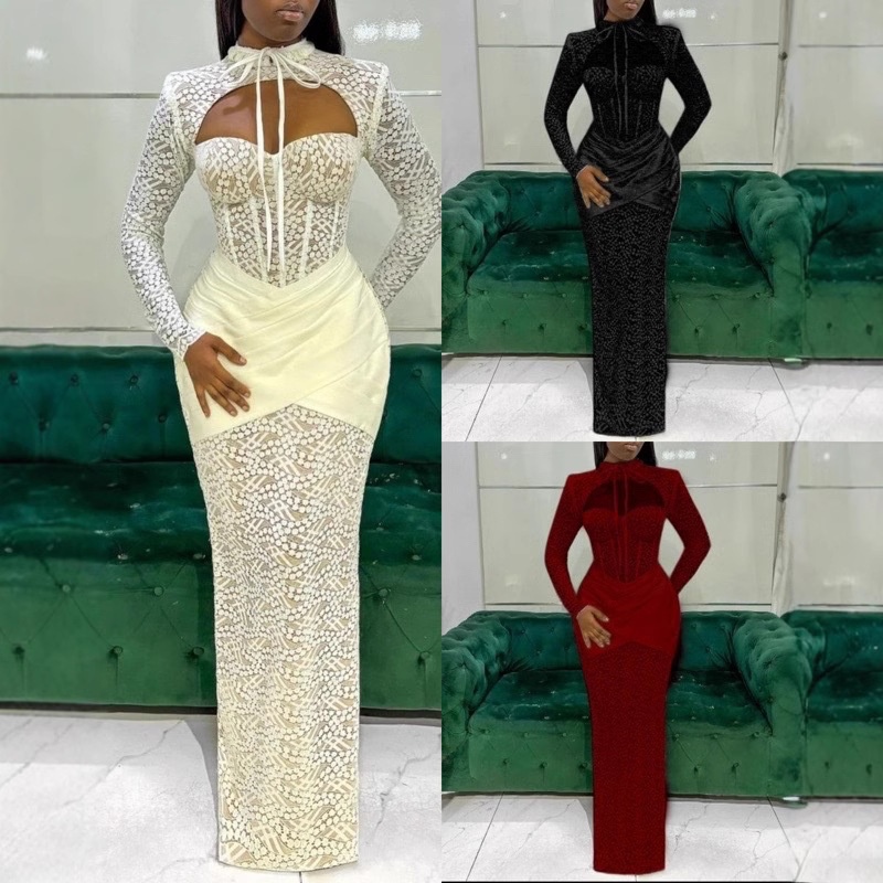 ChicShe ChicShe Cross-Border European And American New Half-High Collar Lace-Up Patchwork Low-Cut Sexy Bodycon Long Sleeve Dress_voghion.com