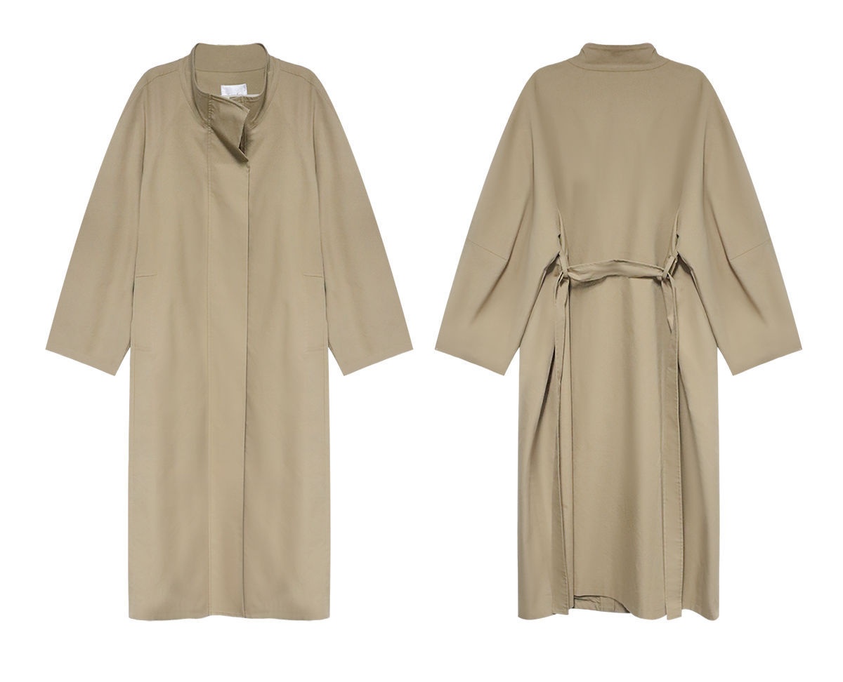 Damenbekleidung: Trenchcoat im Vintage-Stil mit Stehkragen, gestreiften Ärmeln, lockerer Passform, figurformend, hochwertig, lange Jacke_voghion.com