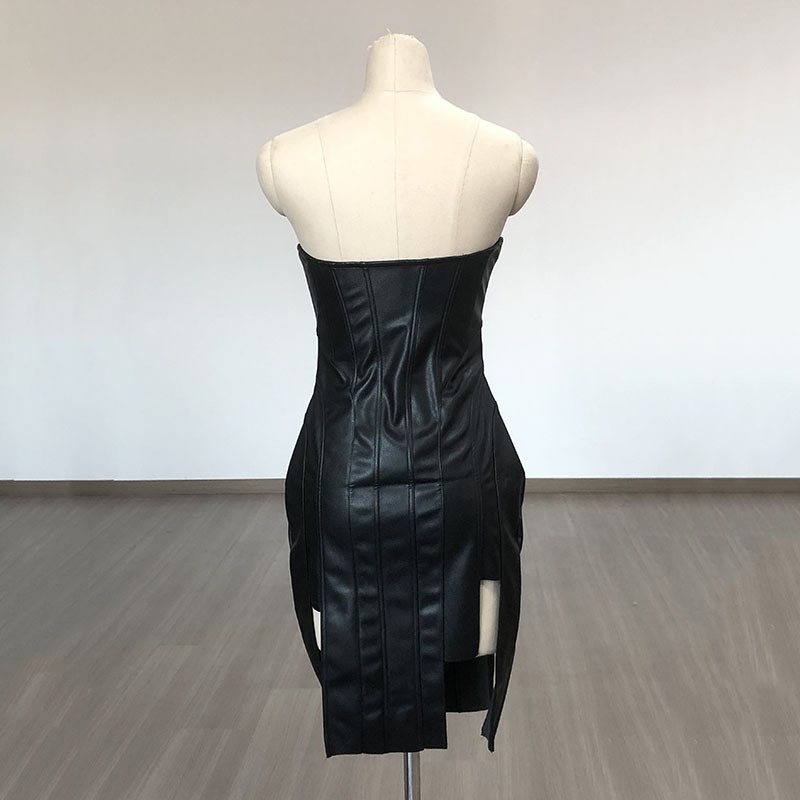 ChicShe ChicShe Haut tube noir moulant en cuir PU pour femme, style européen et américain, robe de soirée élégante et fuselée, best-seller_voghion.com