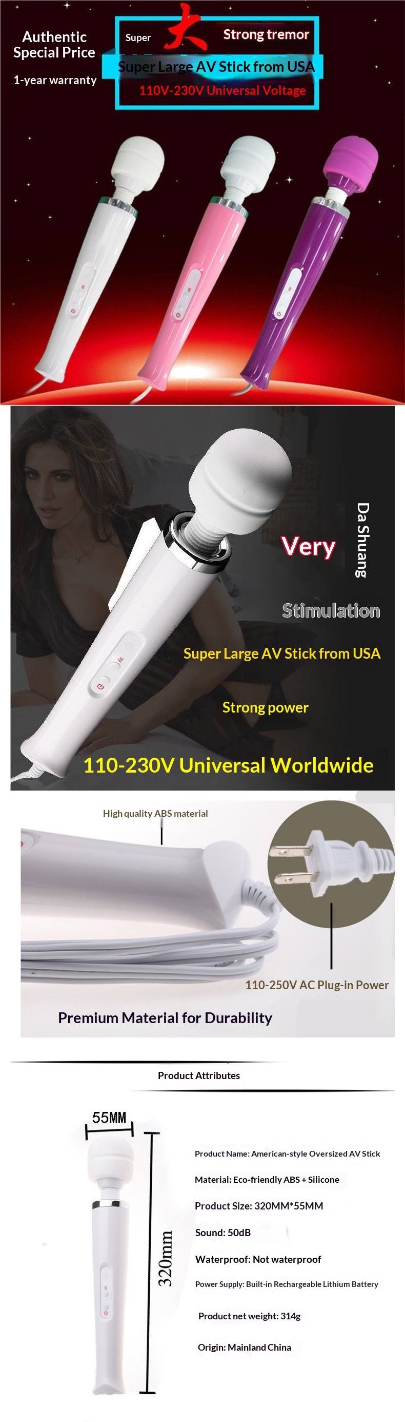 Eros Lab Amerikanischer Stil Direktstecker 220V Wiederaufladbarer Vibrator mit starker Vibration für Erwachsene, großer Kopf, AV-Stab für den privaten Gebrauch_voghion.com