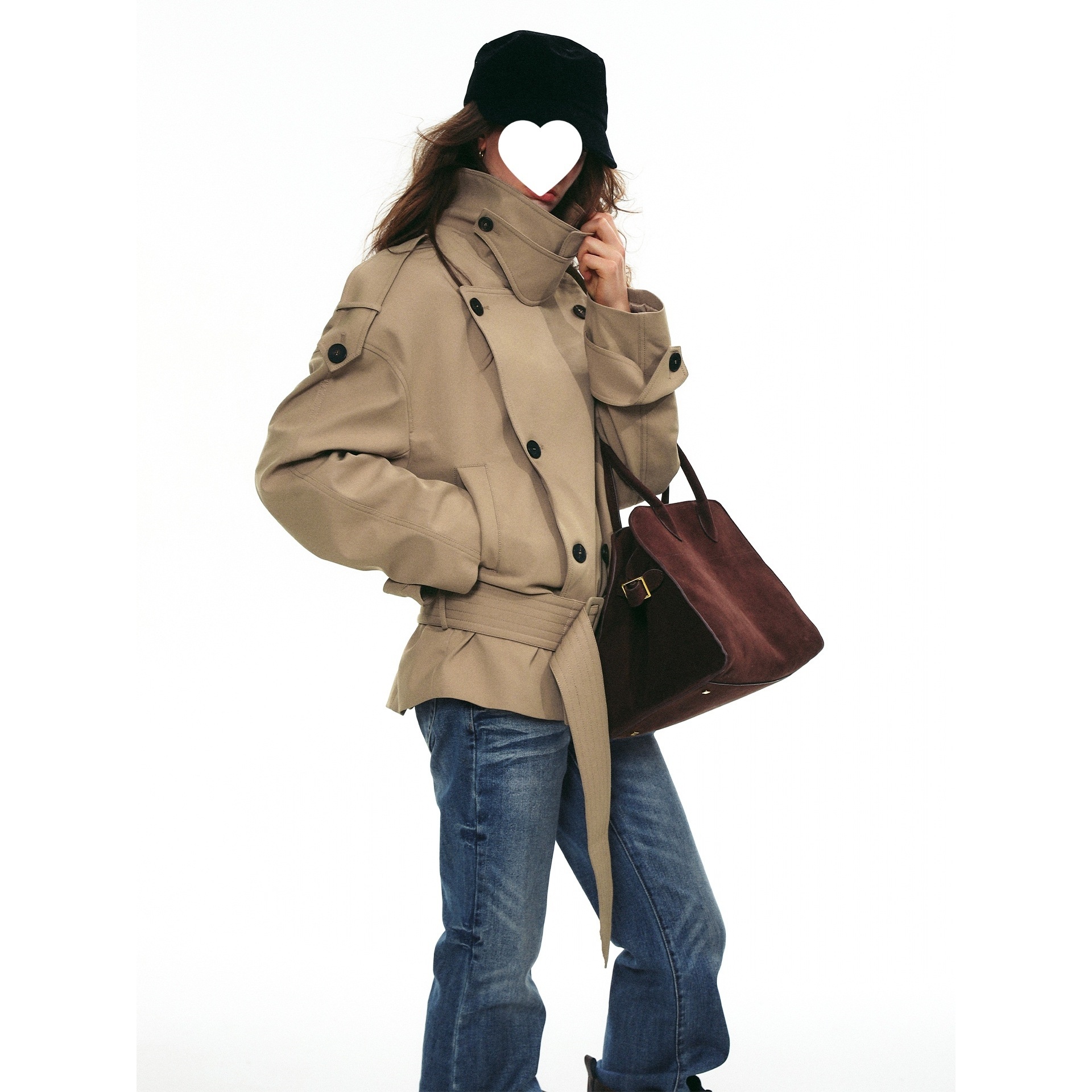 2W French Retro Large Stand Collar Wide Shoulder Short Double-Breasted Waist-Tie Trench Coat For Women_voghion.com