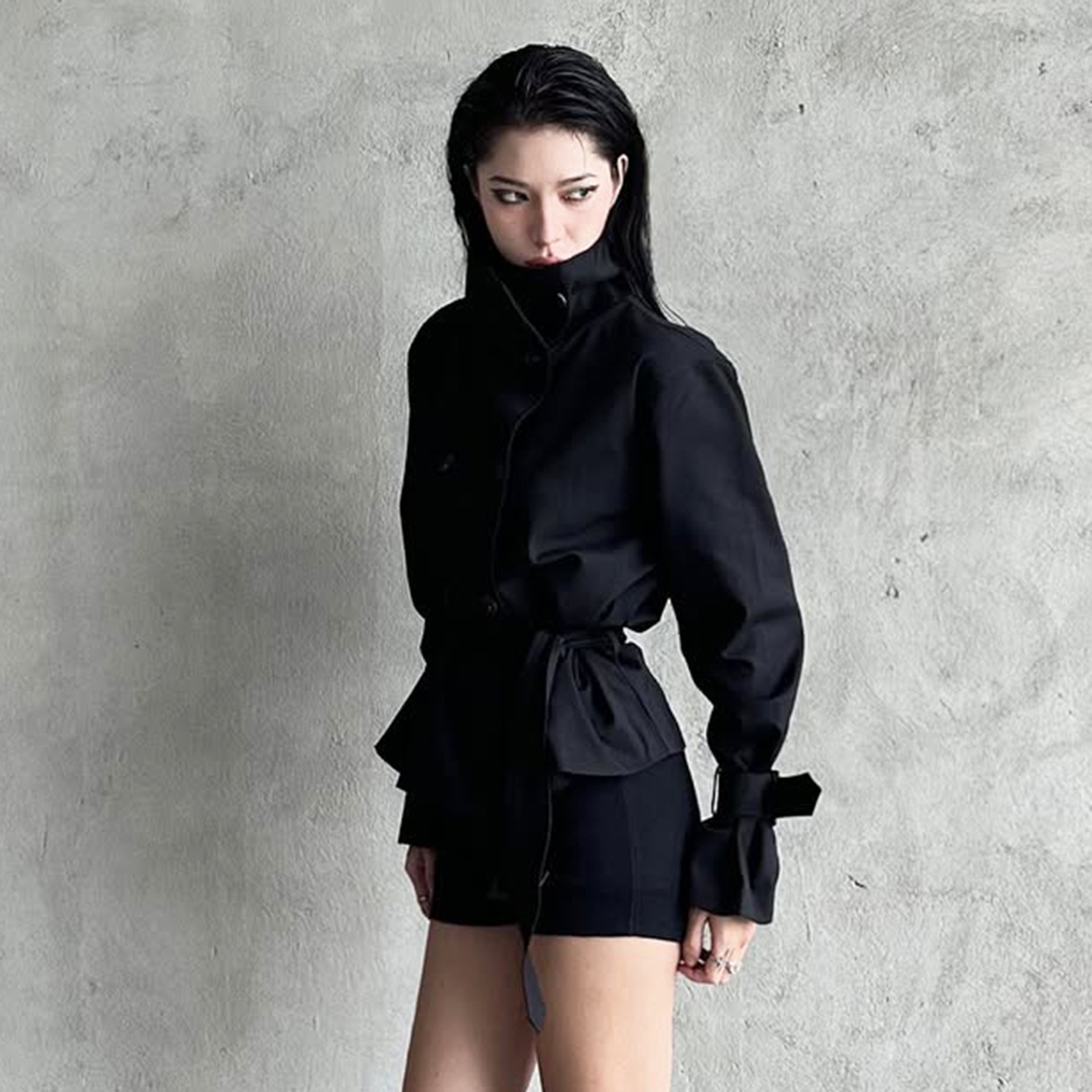 Women's Clothing Women's Street Cool Simple Versatile Tie Waist Slimming Trench Coat Niche Design Button Stand Collar Top For Women_voghion.com