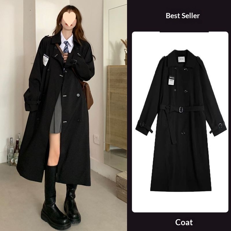 Damenbekleidung Herbst/Winter: Neuer britischer Trenchcoat in Schwarz, mittellang, im Hepburn-Stil, elegant und zierlich._voghion.com