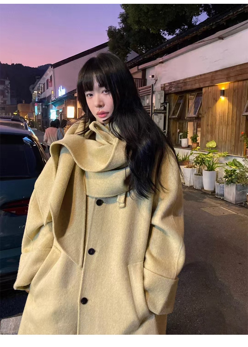 2025 Winter New Korean Style Elegant Stand Slimming Scarf Collar Mid-Length Double-Sided Wool Coat For Women_voghion.com