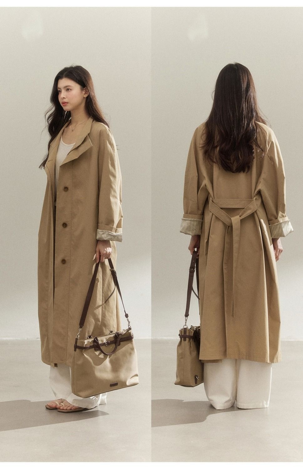 Damenbekleidung: Trenchcoat im Vintage-Stil mit Stehkragen, gestreiften Ärmeln, lockerer Passform, figurformend, hochwertig, lange Jacke_voghion.com