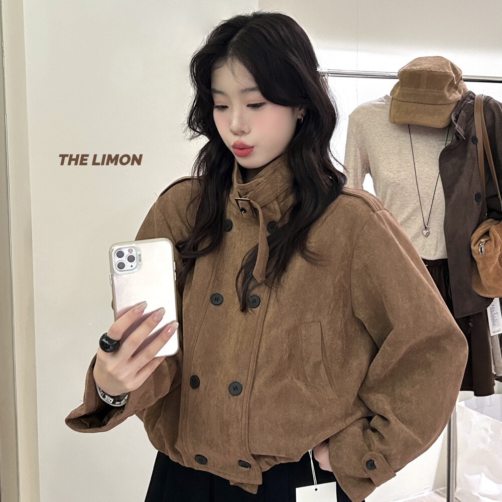 2025 Autumn Women's Clothing The Lemon Green Tea Retro Suede Jacket Coat For Women Stand Collar Short Top_voghion.com
