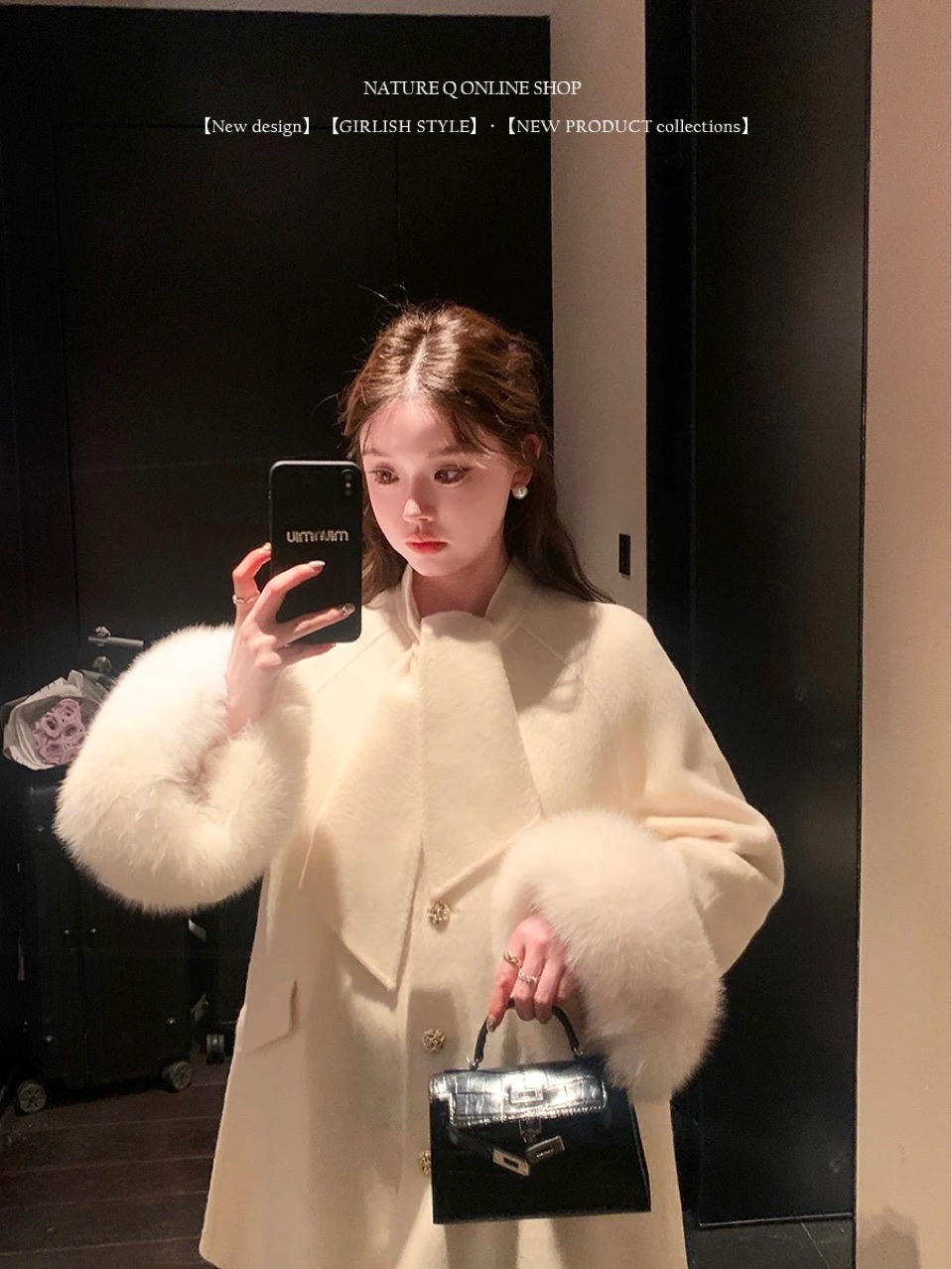 Women's Clothing Women's Clothing Yang Xiaojuan Fox Fur Sleeve Wool Hepburn Style Black For Women Winter Scarf Double-Sided Woolen Coat_voghion.com