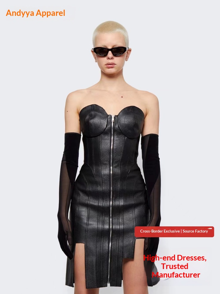 ChicShe ChicShe Haut tube noir moulant en cuir PU pour femme, style européen et américain, robe de soirée élégante et fuselée, best-seller_voghion.com