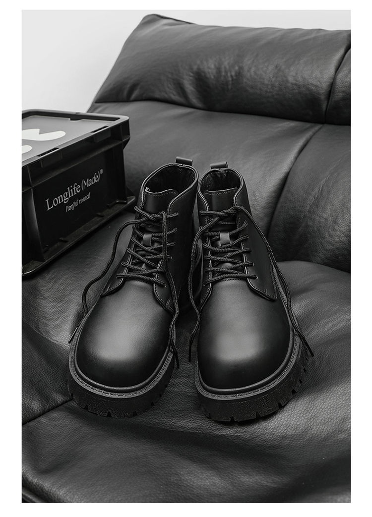 Bottes montantes Derby à gros bout, style britannique et hongkongais, en cuir noir, pour homme, rehaussantes, idéales pour le travail._voghion.com