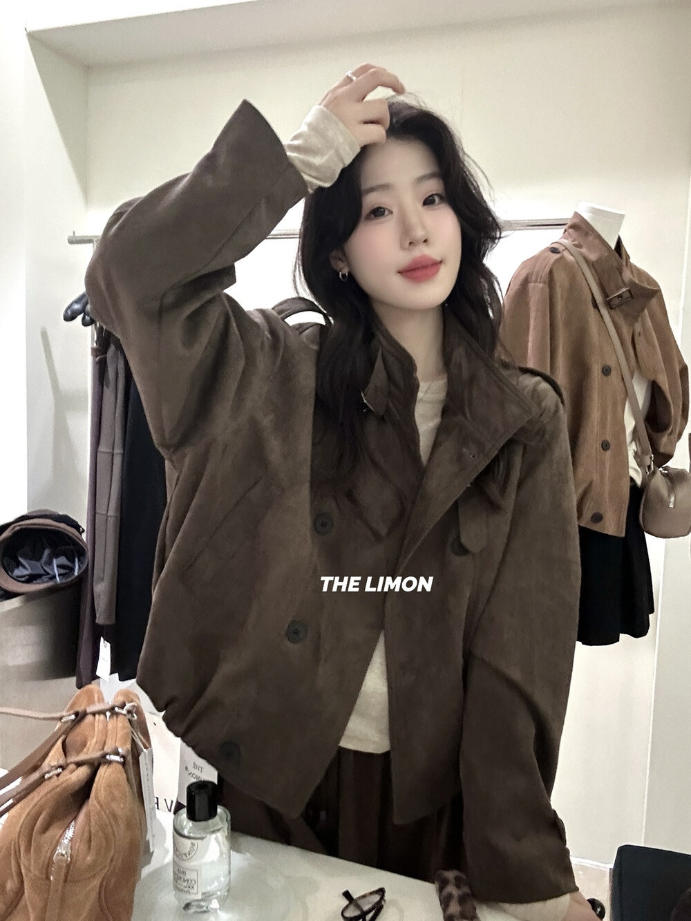2025 Autumn Women's Clothing The Lemon Green Tea Retro Suede Jacket Coat For Women Stand Collar Short Top_voghion.com