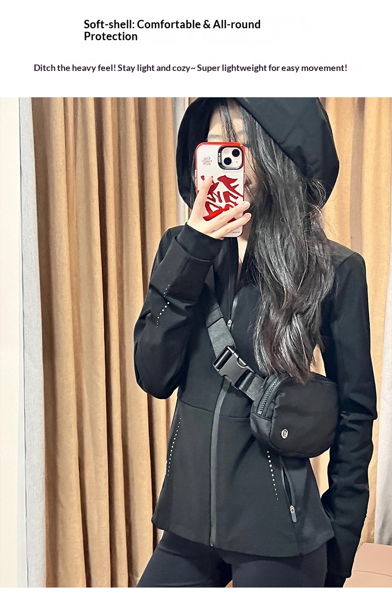 Nouveauté 2025 : Veste softshell noire slim fit pour femme, idéale pour les activités de plein air en début d'automne et d'hiver, avec ceinture cintrée._voghion.com