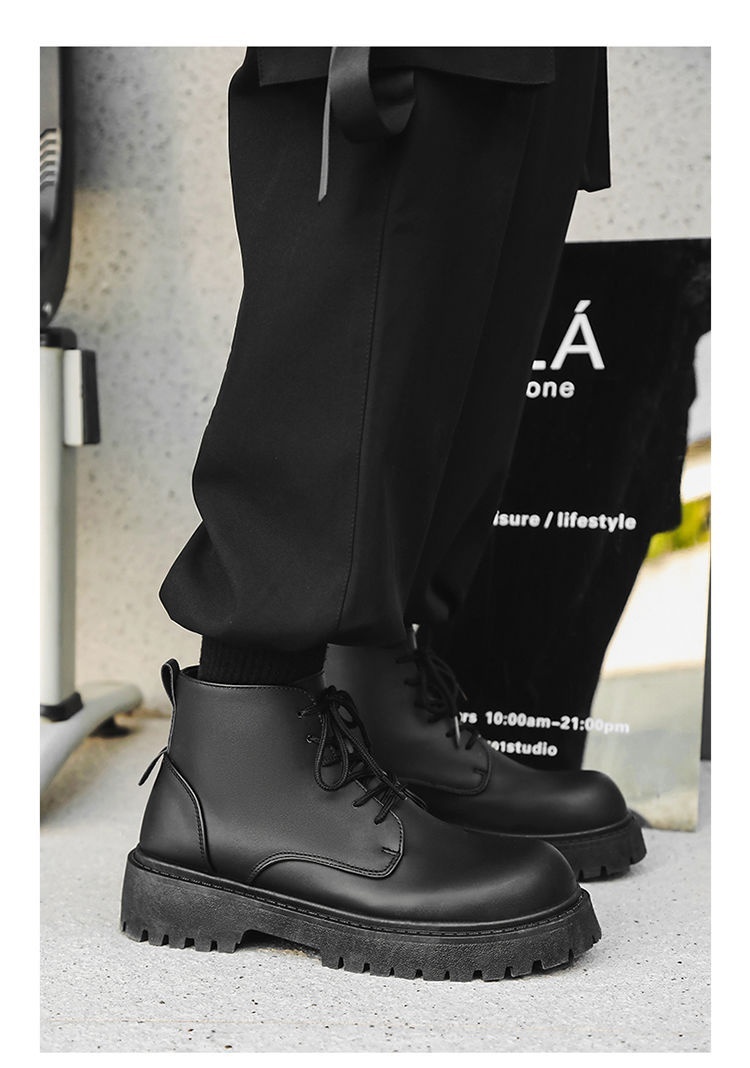 Bottes montantes Derby à gros bout, style britannique et hongkongais, en cuir noir, pour homme, rehaussantes, idéales pour le travail._voghion.com