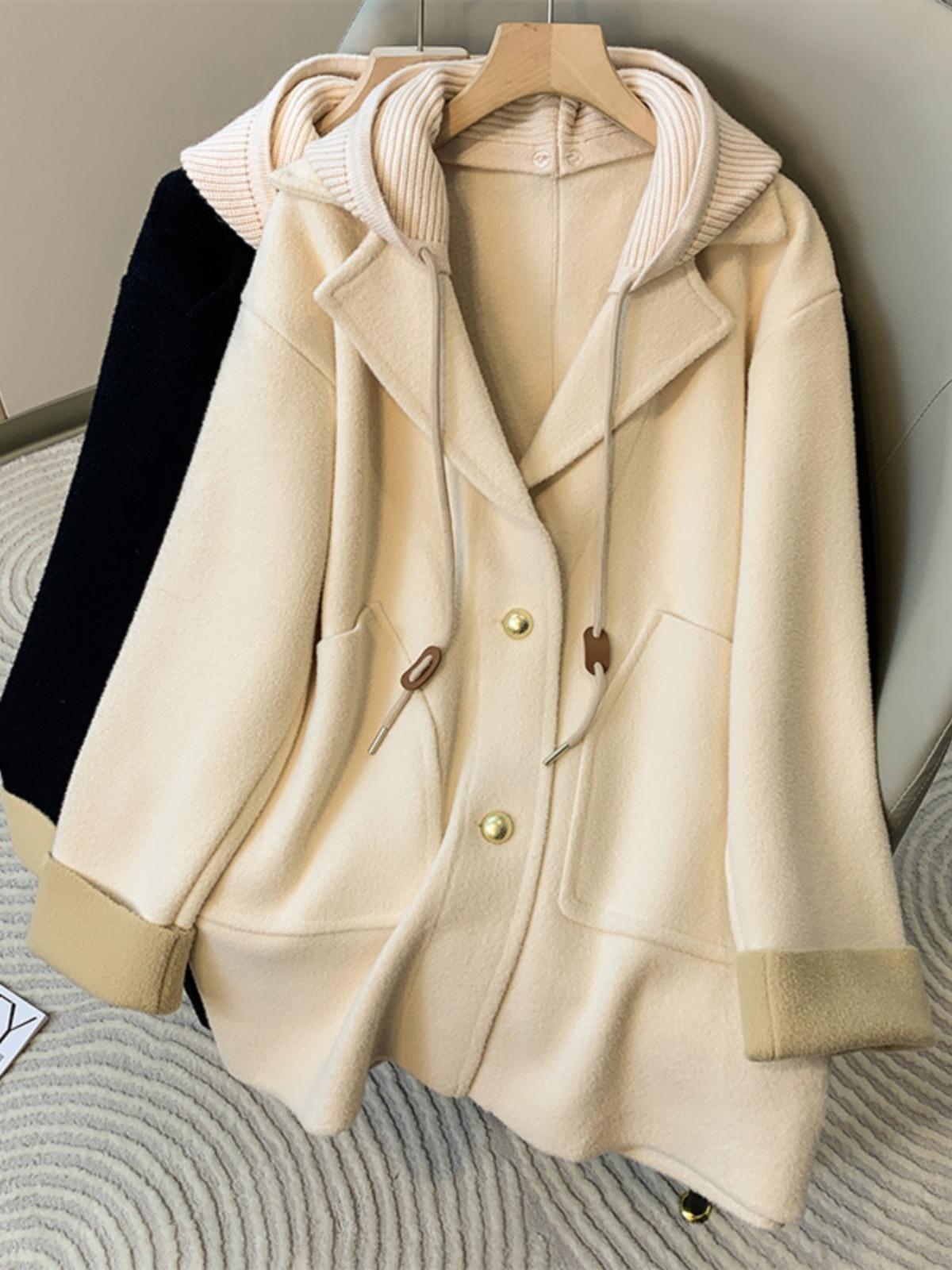 2025 Women's Clothing Women's Mid-Length Hooded Coat, Thickened Spring And Autumn, Size, High-End Elegant Wool Overcoat For Plus Size_voghion.com