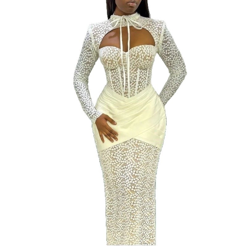 ChicShe ChicShe Cross-Border European And American New Half-High Collar Lace-Up Patchwork Low-Cut Sexy Bodycon Long Sleeve Dress_voghion.com