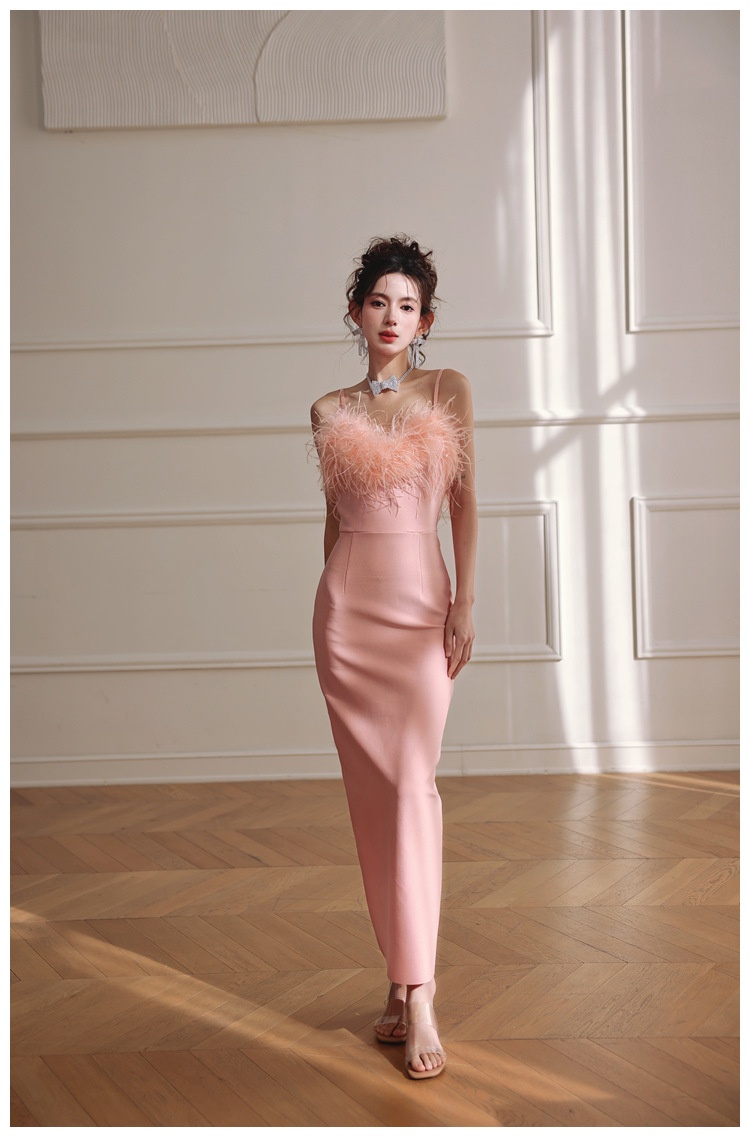 ChicShe ChicShe Soirée 2025 Nouvelle robe bustier rose pêche haut de gamme en plumes d'autruche pour anniversaire petite taille_voghion.com