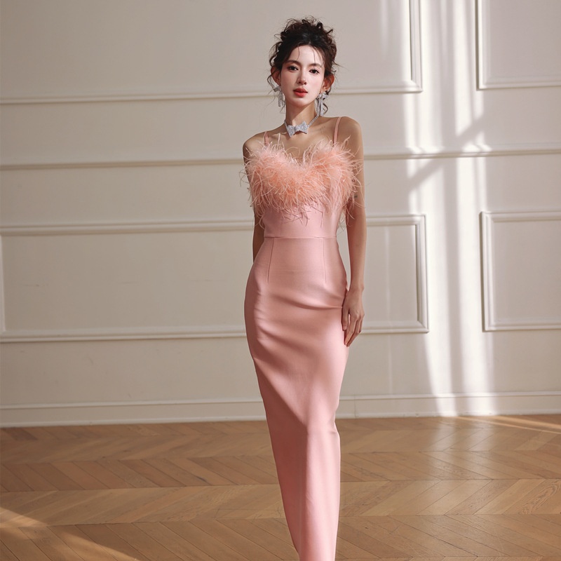 ChicShe ChicShe Soirée 2025 Nouvelle robe bustier rose pêche haut de gamme en plumes d'autruche pour anniversaire petite taille_voghion.com