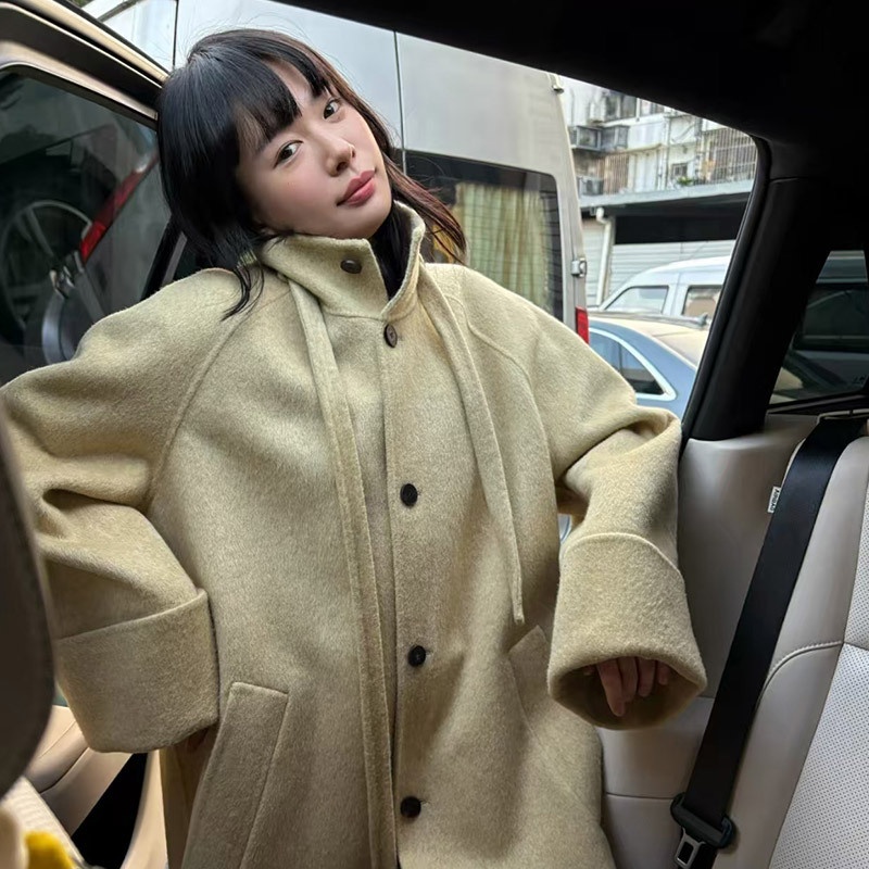 2025 Winter New Korean Style Elegant Stand Slimming Scarf Collar Mid-Length Double-Sided Wool Coat For Women_voghion.com