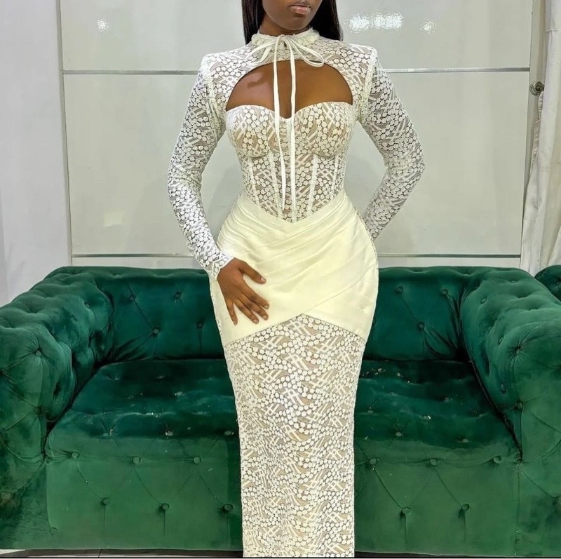 ChicShe ChicShe Cross-Border European And American New Half-High Collar Lace-Up Patchwork Low-Cut Sexy Bodycon Long Sleeve Dress_voghion.com