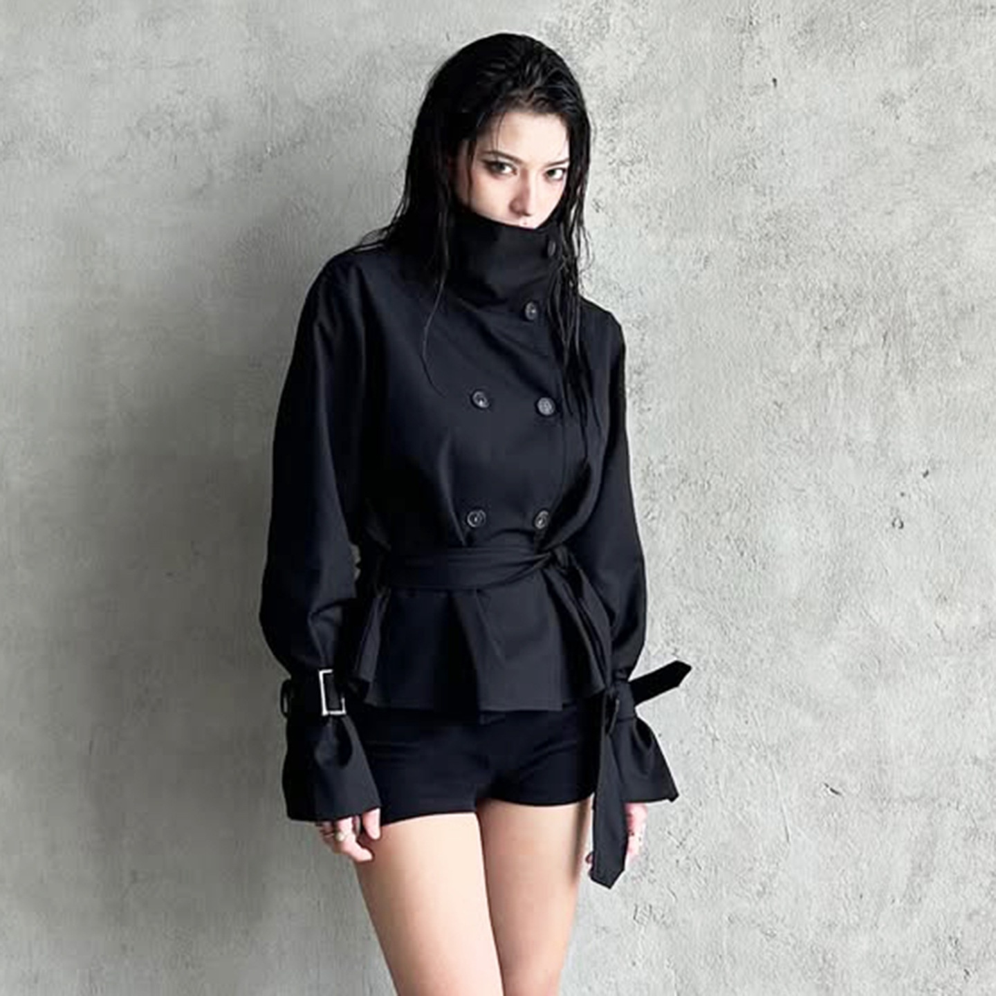 Women's Clothing Women's Street Cool Simple Versatile Tie Waist Slimming Trench Coat Niche Design Button Stand Collar Top For Women_voghion.com