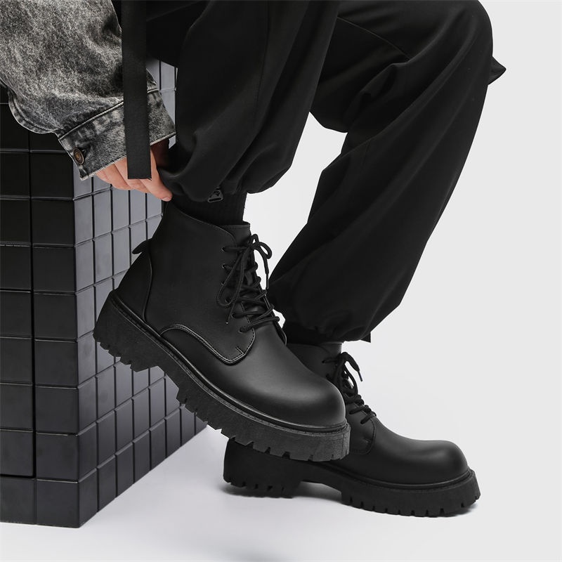 Bottes montantes Derby à gros bout, style britannique et hongkongais, en cuir noir, pour homme, rehaussantes, idéales pour le travail._voghion.com