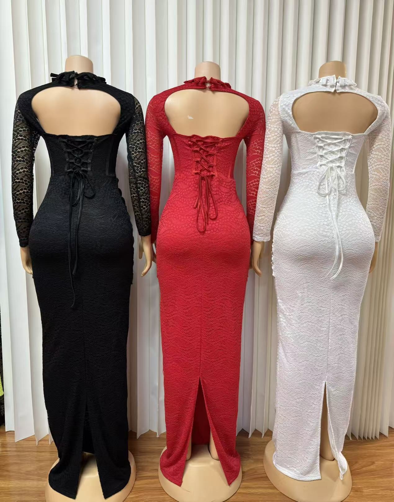 ChicShe ChicShe Cross-Border European And American New Half-High Collar Lace-Up Patchwork Low-Cut Sexy Bodycon Long Sleeve Dress_voghion.com