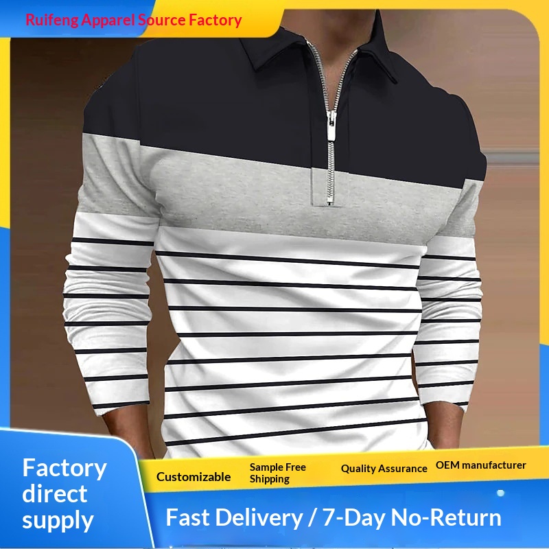 boy Boy Cross-Border New Striped 3-Color Shirt Spring And Autumn Long Sleeve Zipper Turn-Down Collar Casual Plus Size Men's Polo_voghion.com