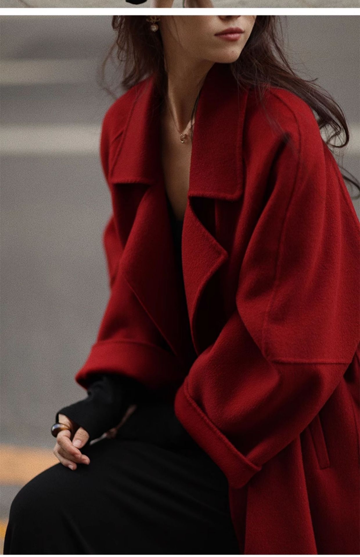 Women's Clothing Double-Sided For Women, Autumn And Winter 2025, Petite Cashmere Long Red Lace-Up 100% Wool Coat_voghion.com